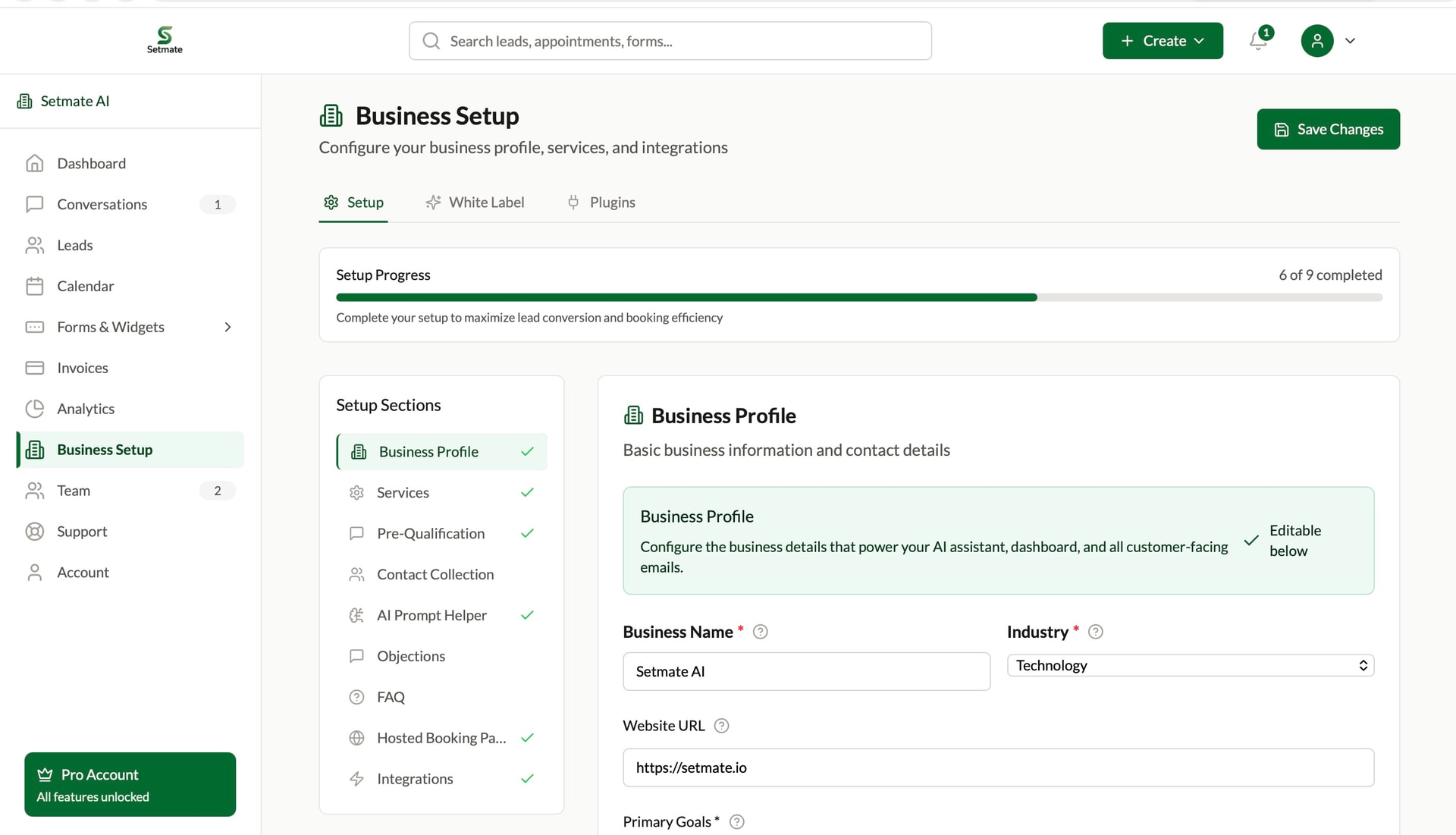 Setmate dashboard showing business setup, services, and integrations