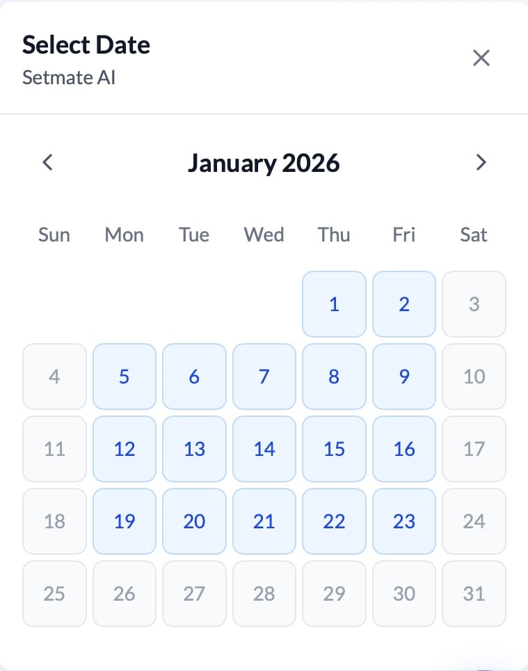 Real-time calendar integration showing available appointment slots with automatic timezone detection