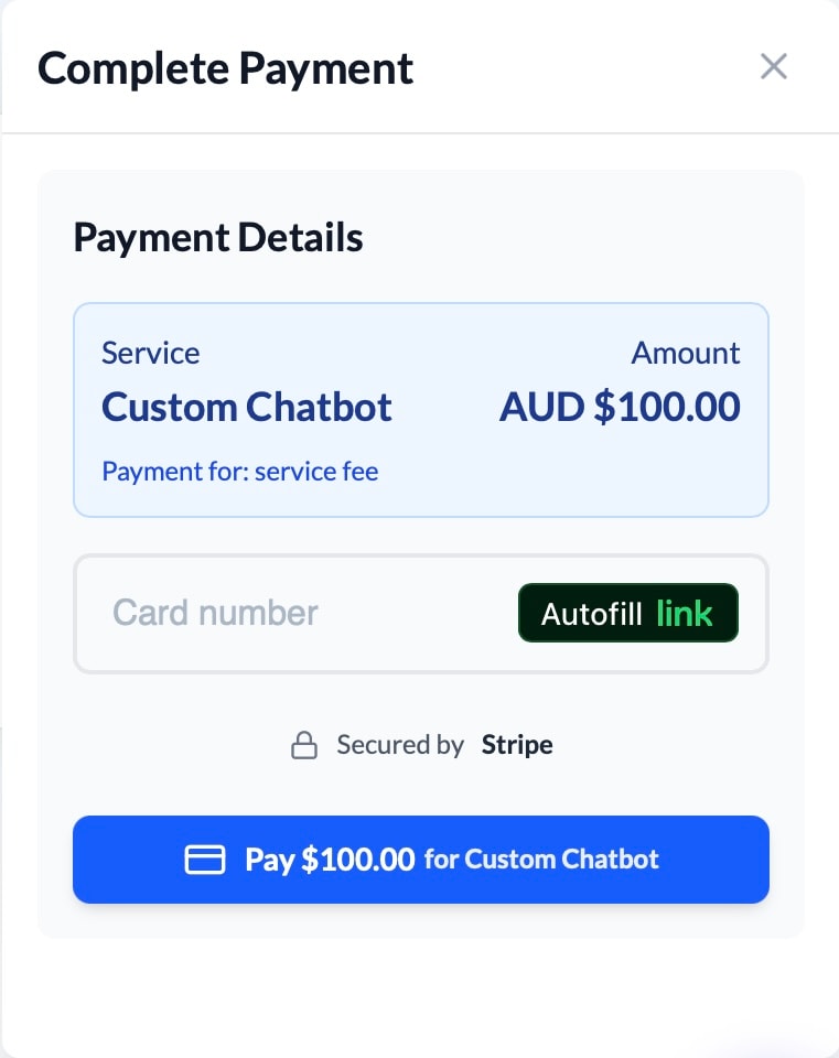 Secure Stripe payment modal within chat widget showing service price, tax calculation, and payment options